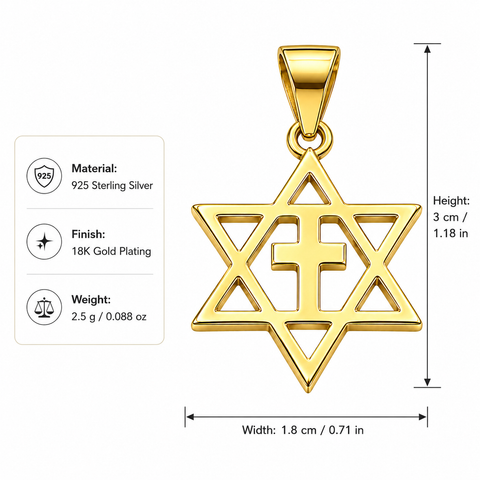 Vermeil Messianic Star of David Cross Pendant 925 Silver 18k Gold