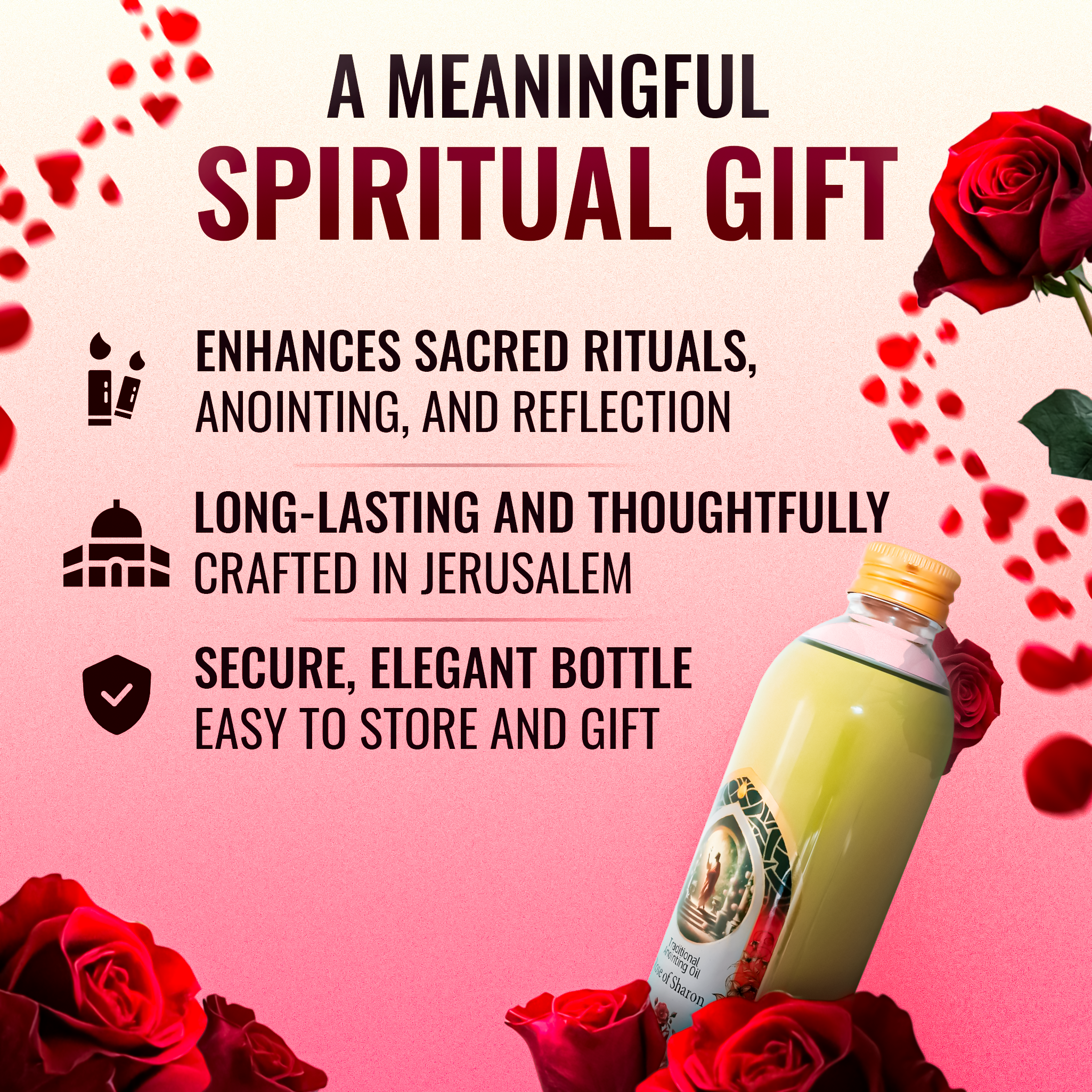 Bottle with a label surrounded by red roses on a pink background with text about a meaningful spiritual gift.