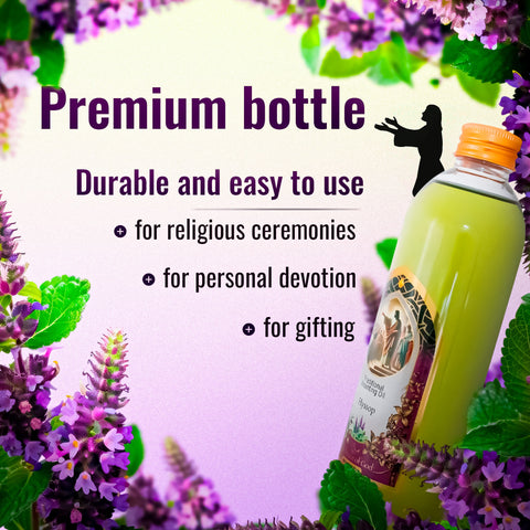 Bottle with a label surrounded by flowers and text about its use for religious ceremonies, personal devotion, and gifting.