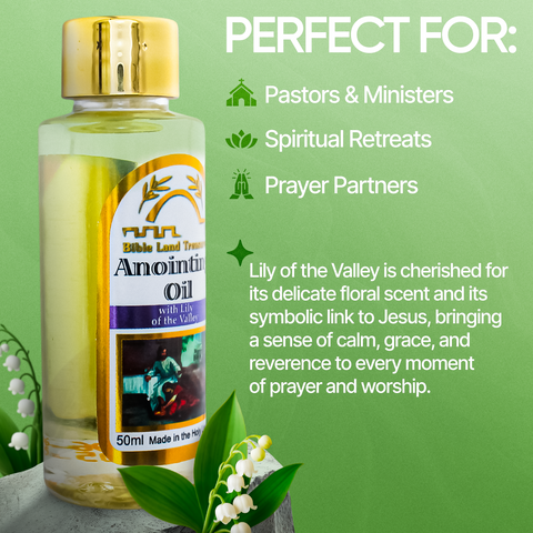 Anointing oil bottle with label on a green background, featuring text about its uses.