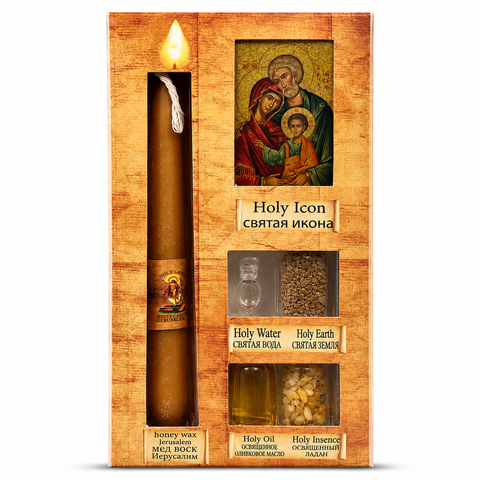 Blessed Pilgrim Set from the Holy Land with Icon, Candle, Oil, Water, Earth and Incense