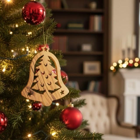 Olive Wood Christmas Tree w/ Stars Bell Shaped Ornament - Holy Land Decoration 4.5"