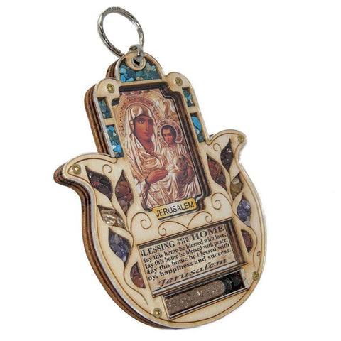 Home Blessing Hamsa w/ Semi-Precious Stones & Icon & Holy Soil from Jerusalem 5"