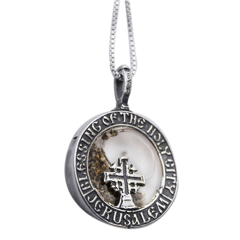 Silver medallion with Jerusalem Cross w/ Holy Soil from Jerusalem & Holy Water - Holy Land Store