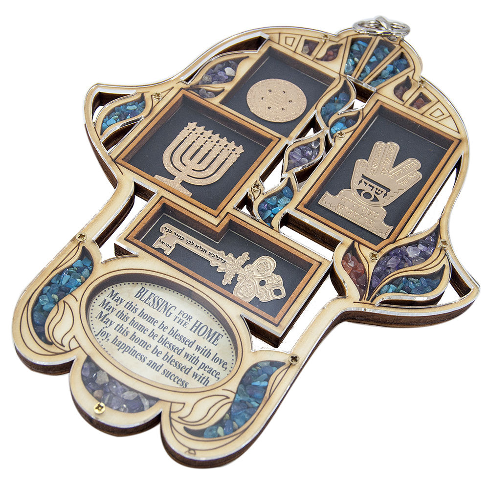 Wooden Home Blessing Hamsa Hand made with Semi-Precious Stones Amulet 8.5" - Holy Land Store