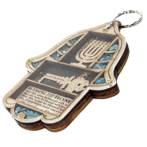 Wooden Home Blessing Hamsa Hand made with Semi-Precious Stones Amulet 4.4"