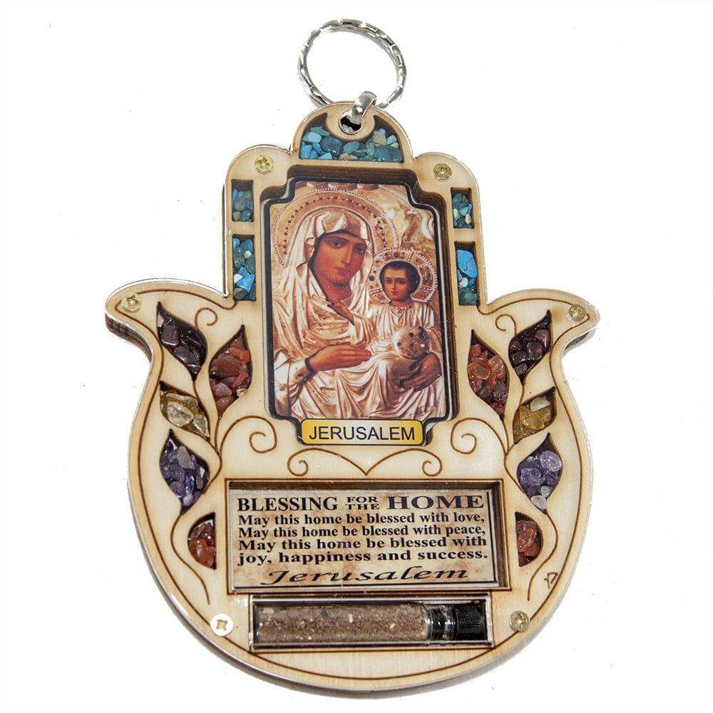 Home Blessing Hamsa w/ Semi-Precious Stones & Icon & Holy Soil from Jerusalem 5"