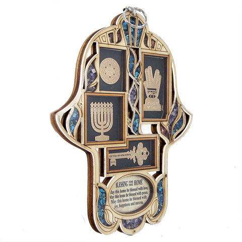 Wooden Home Blessing Hamsa Hand made with Semi-Precious Stones Amulet 8.5" - Holy Land Store