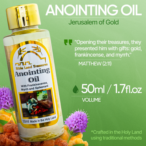 Bottle of anointing oil with frankincense, myrrh, and spikenard on a green background