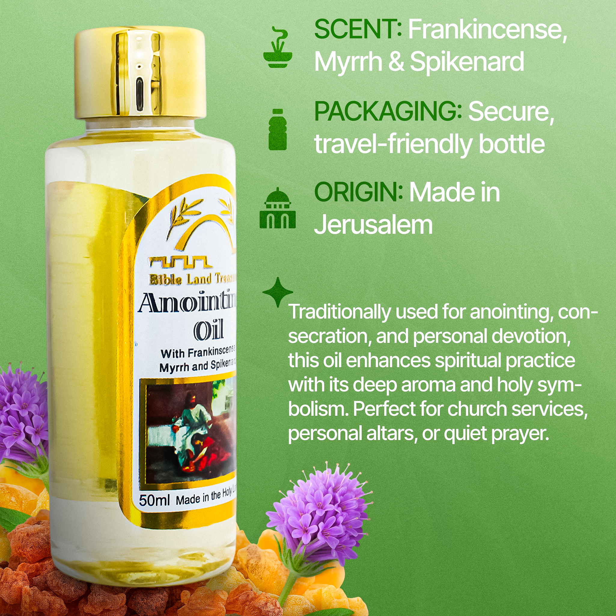 Anointing oil bottle with product details on a green background