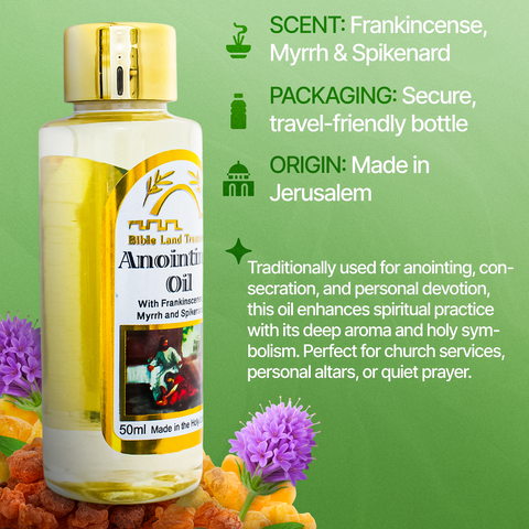 Anointing oil bottle with product details on a green background