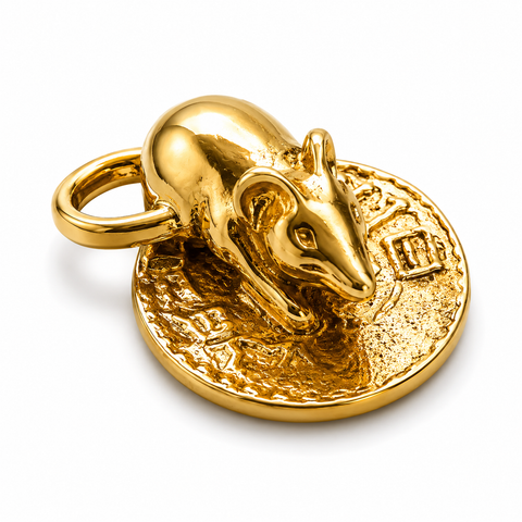 Mouse on Shekel Coin Amulet 925 Sterling Silver 18K Gold Plated Wallet Charm