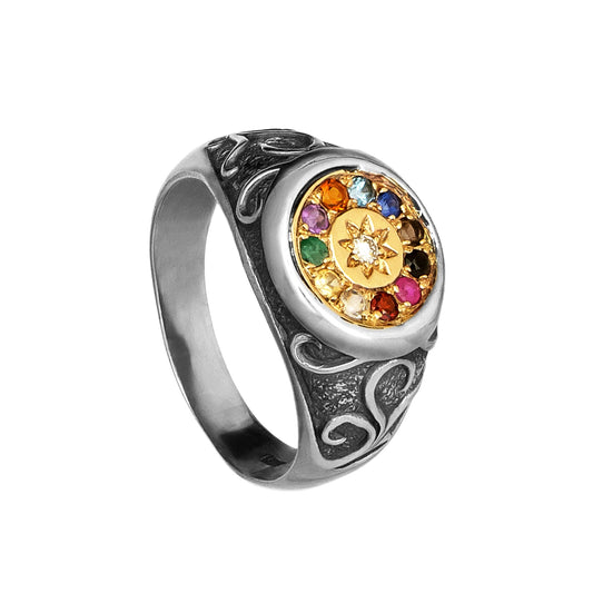 Kabbalah Ring w/ Hoshen 12 Magic Stones Tribes Israel Sterling Silver & Gold 9K