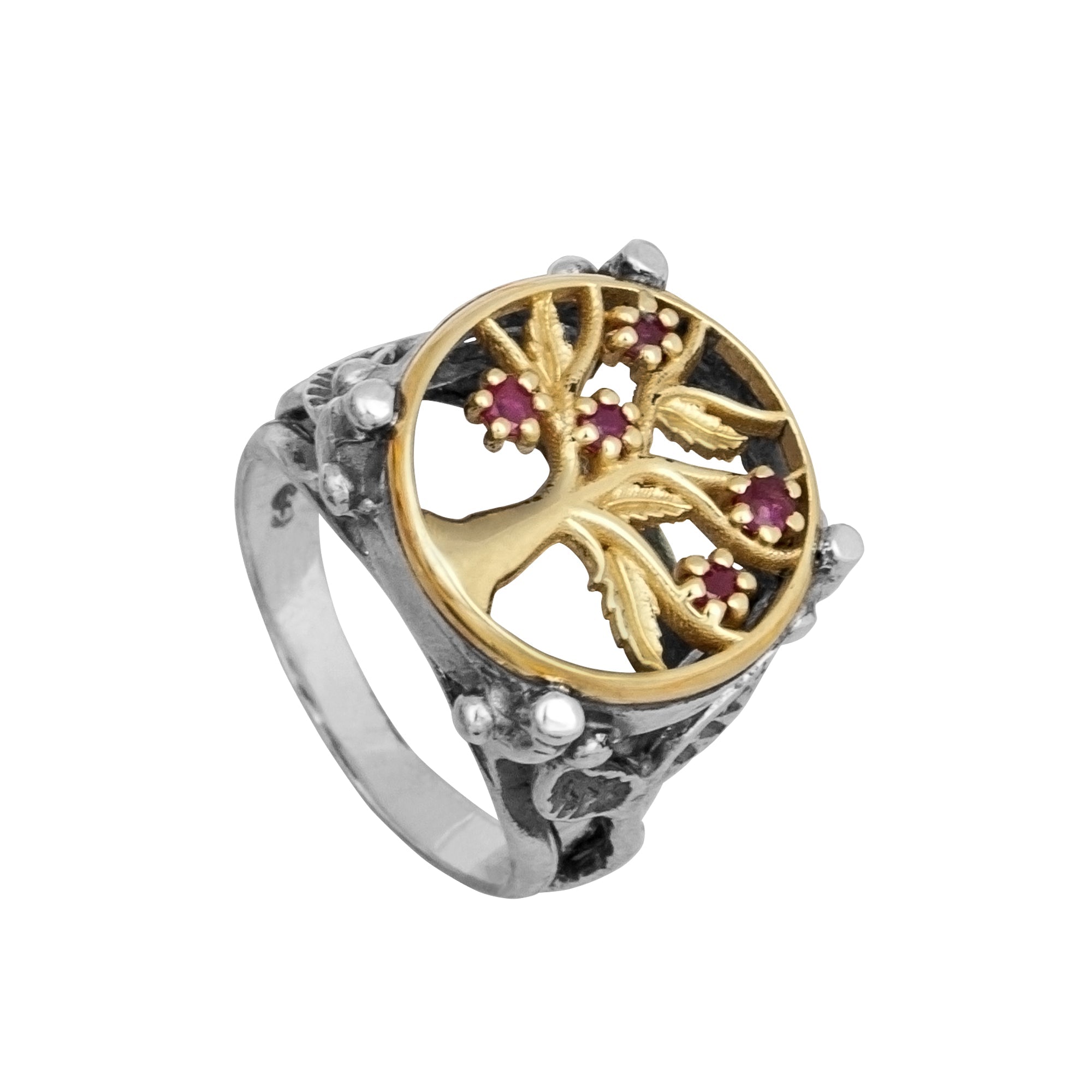 Kabbalah Ring "Tree of Life" Inlaid with Garnet Stones Sterling Silver & Gold 9K