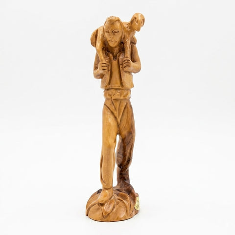 Bethlehem Olive Wood Shepherd with Lamb Figurine for Christian Home Decor