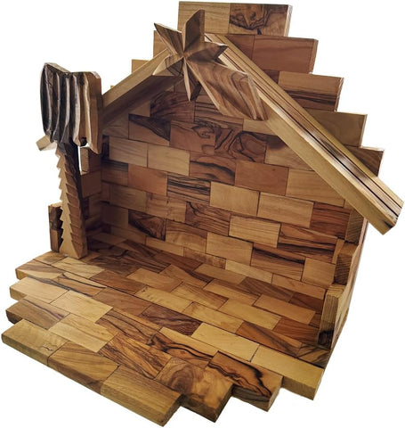 Handmade Foldable Olive Wood Nativity Stable – Bethlehem Manger with Star & Palm Tree Christmas Display