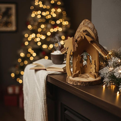 Rustic Nativity Scene with Bark Trunk Base – Olive Wood Holy Family Manger Scene