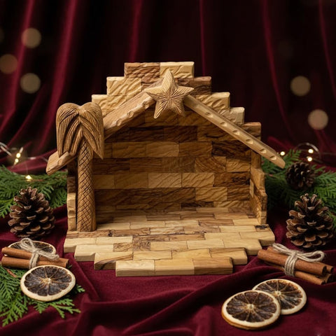 Foldable Olive Wood Nativity Stable Handmade from Bethlehem, Christian Christmas Crèche Scene