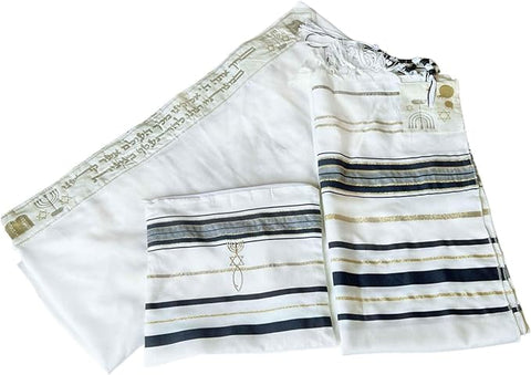 Jewish Tallit Prayer Shawl Scarf Blue, Silver & Gold Tzitzit w/ Bag Pouch for Men Women 72 x 22"