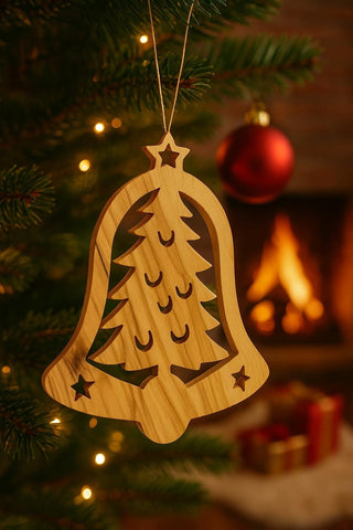 Olive Wood Christmas Tree w/ Stars Bell Shaped Ornament - Holy Land Decoration 4.5"
