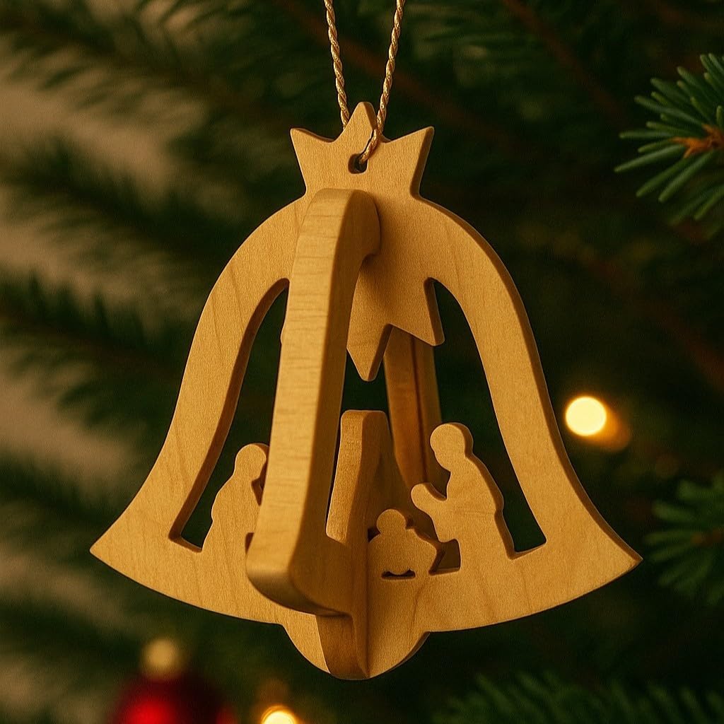 Olive wood 3D bell nativity ornament with Holy Family