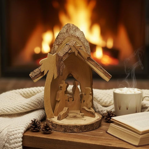 Rustic Nativity Scene with Bark Trunk Base – Olive Wood Holy Family Manger Scene