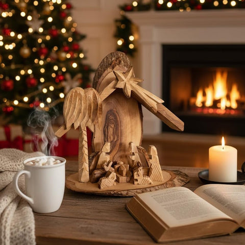 Bethlehem Olive Wood Nativity Set – Holy Family Carved Manger Scene on Rustic Natural Bark Base