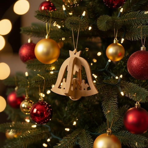 Olive Wood 3D Bell Shaped Christmas Ornament with Holy Family Journey - Christian Decor 2.5"/5.5cm
