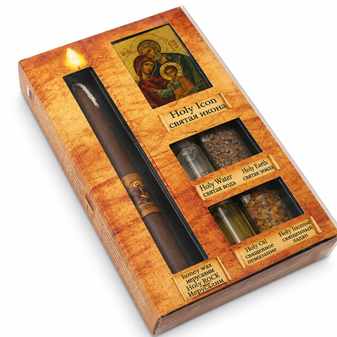 Blessed Pilgrim Set from the Holy Land with Icon, Candle, Oil, Water, Earth and Incense