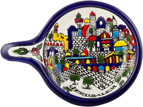 Hand-painted Armenian Ceramic Serving Dish w/ Panoramic Views of Jerusalem - 7x5x1"