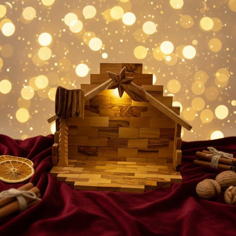 Handmade Foldable Olive Wood Nativity Stable – Bethlehem Manger with Star & Palm Tree Christmas Display