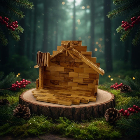 Handmade Foldable Olive Wood Nativity Stable – Bethlehem Manger with Star & Palm Tree Christmas Display