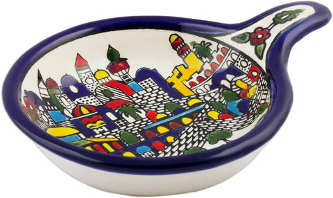 Hand-painted Armenian Ceramic Serving Dish w/ Panoramic Views of Jerusalem - 7x5x1"