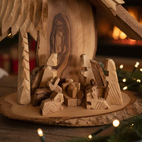 Bethlehem Olive Wood Nativity Set – Holy Family Carved Manger Scene on Rustic Natural Bark Base