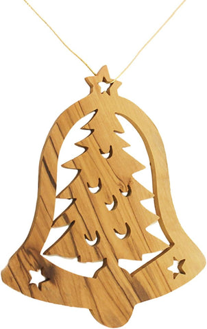 Olive Wood Christmas Tree w/ Stars Bell Shaped Ornament - Holy Land Decoration 4.5"