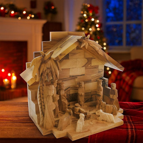 Large Olive Wood Christmas Nativity Set, Handmade Christian Home Decor Made in Bethlehem