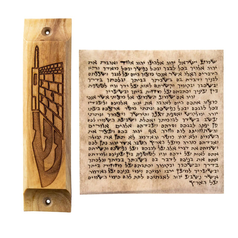 Western Wall Ha Kotel Olive Wood Mezuzah House Car Door Auto Enamel Shin Shomer Dlatot Israel Talisman Bethlehem Case Silver Scroll Torah Jewish Square from Jerusalem 3.8"