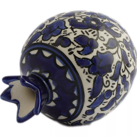 Handmade Ceramic Pomegranate Figurine – Blue Floral Design – 3.5" Jerusalem Souvenir
