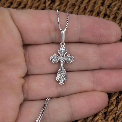 Small Sterling Silver Orthodox Crucifix Cross Necklace Jerusalem Jesus 1"/2.5cm