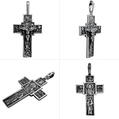 Large Sterling Silver Double-sided Orthodox Crucifix Cross w/ Jesus Christ Saints Pendant Necklace, Christian Jewelry for Men 1.4"/3.5cm