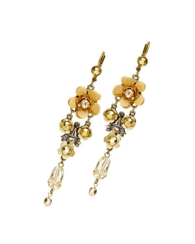 Romantic Brass Pink Floral Flower Dangle Drop Earrings w/ Swarovski Crystals for Women - 7.4 cm/2.91"