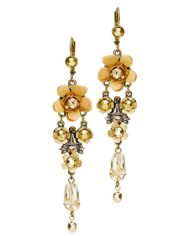Romantic Brass Pink Floral Flower Dangle Drop Earrings w/ Swarovski Crystals for Women - 7.4 cm/2.91"
