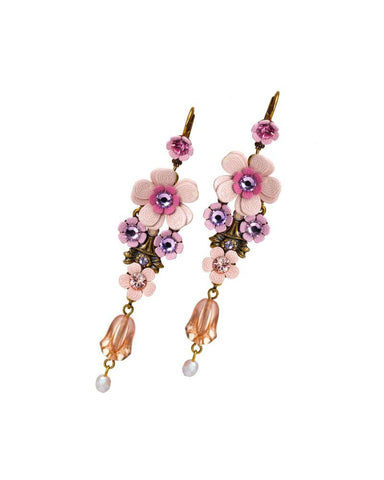 Romantic Brass Pink Floral Flower Dangle Drop Earrings w/ Swarovski Crystals for Women - 7.4 cm/2.91"