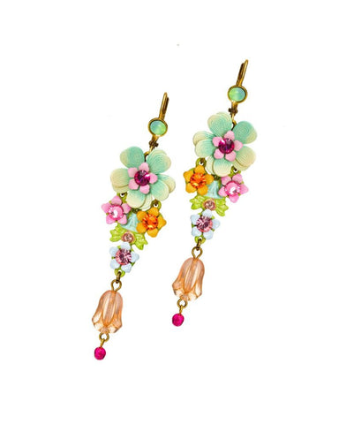 Romantic Brass Pink Floral Flower Dangle Drop Earrings w/ Swarovski Crystals for Women - 7.4 cm/2.91"