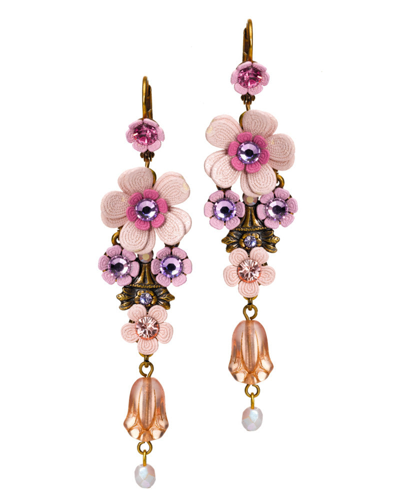 Romantic Brass Pink Floral Flower Dangle Drop Earrings w/ Swarovski Crystals for Women - 7.4 cm/2.91"