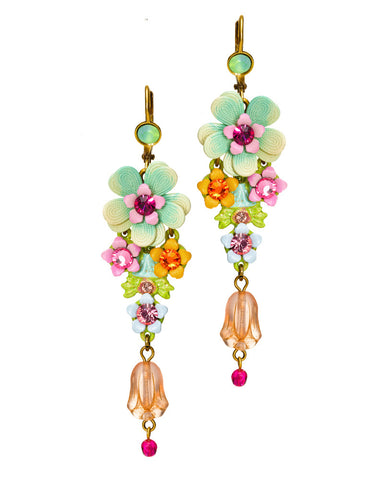 Romantic Brass Pink Floral Flower Dangle Drop Earrings w/ Swarovski Crystals for Women - 7.4 cm/2.91"