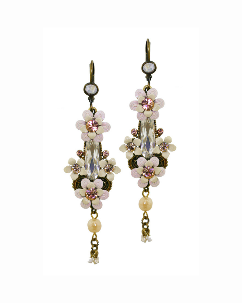 Elegant Pink Floral Drop Earrings w/ Swarovski Crystals for Women 6.5cm/2.56"