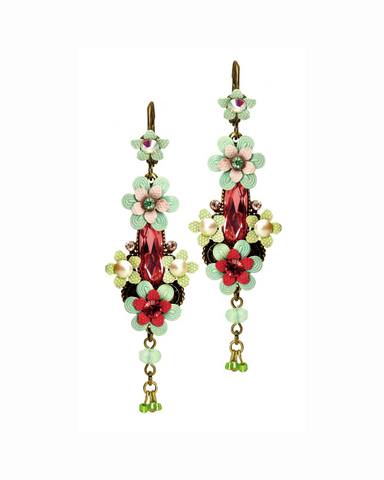 Elegant Pink Floral Drop Earrings w/ Swarovski Crystals for Women 6.5cm/2.56"