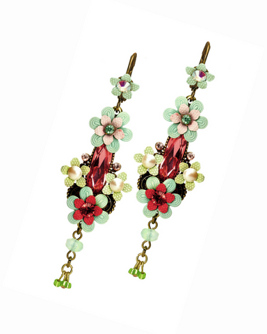 Elegant Pink Floral Drop Earrings w/ Swarovski Crystals for Women 6.5cm/2.56"