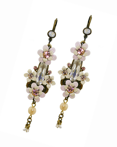 Elegant Pink Floral Drop Earrings w/ Swarovski Crystals for Women 6.5cm/2.56"